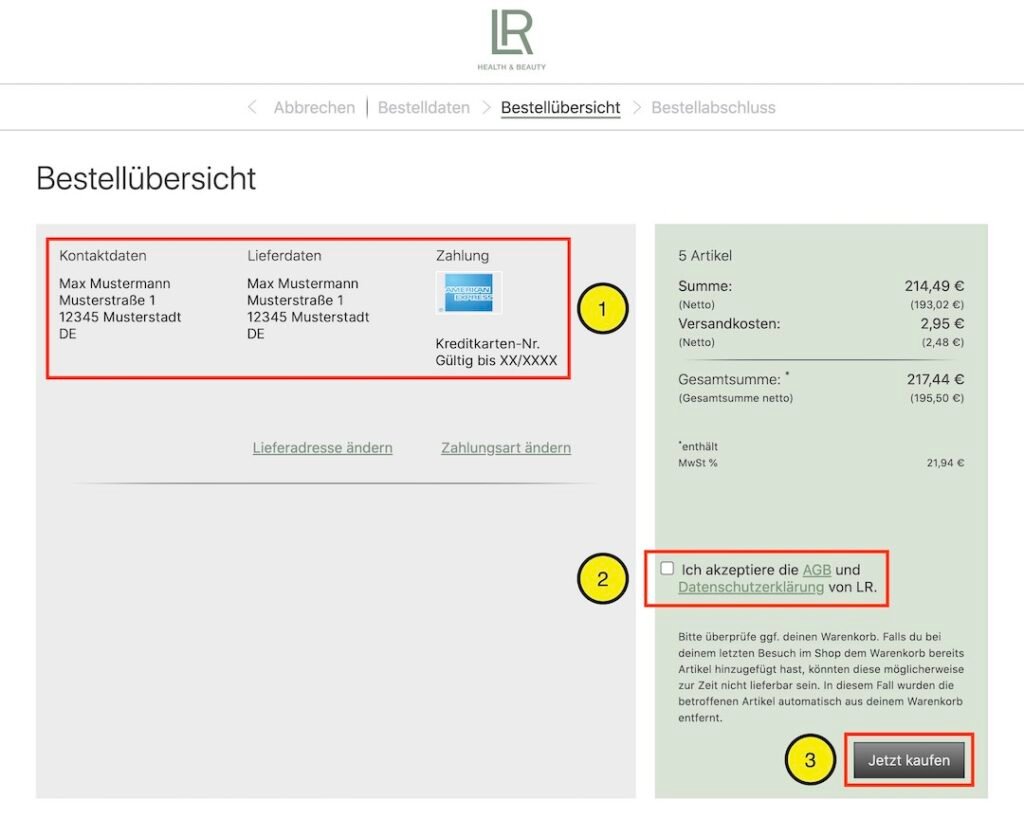 LR Premiumkunde beendet den Bestellvorgang.